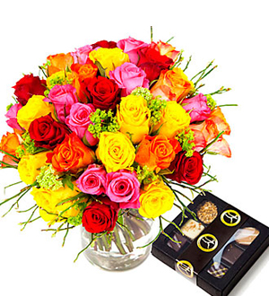 Colorful Bouquet of Short Roses + Chocolate 100g